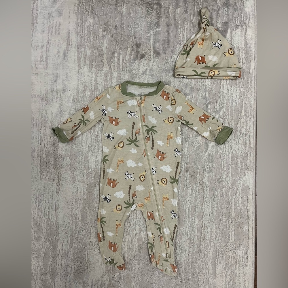 Safari Animal Print Baby Footie & Knot Hat in Beige-Green